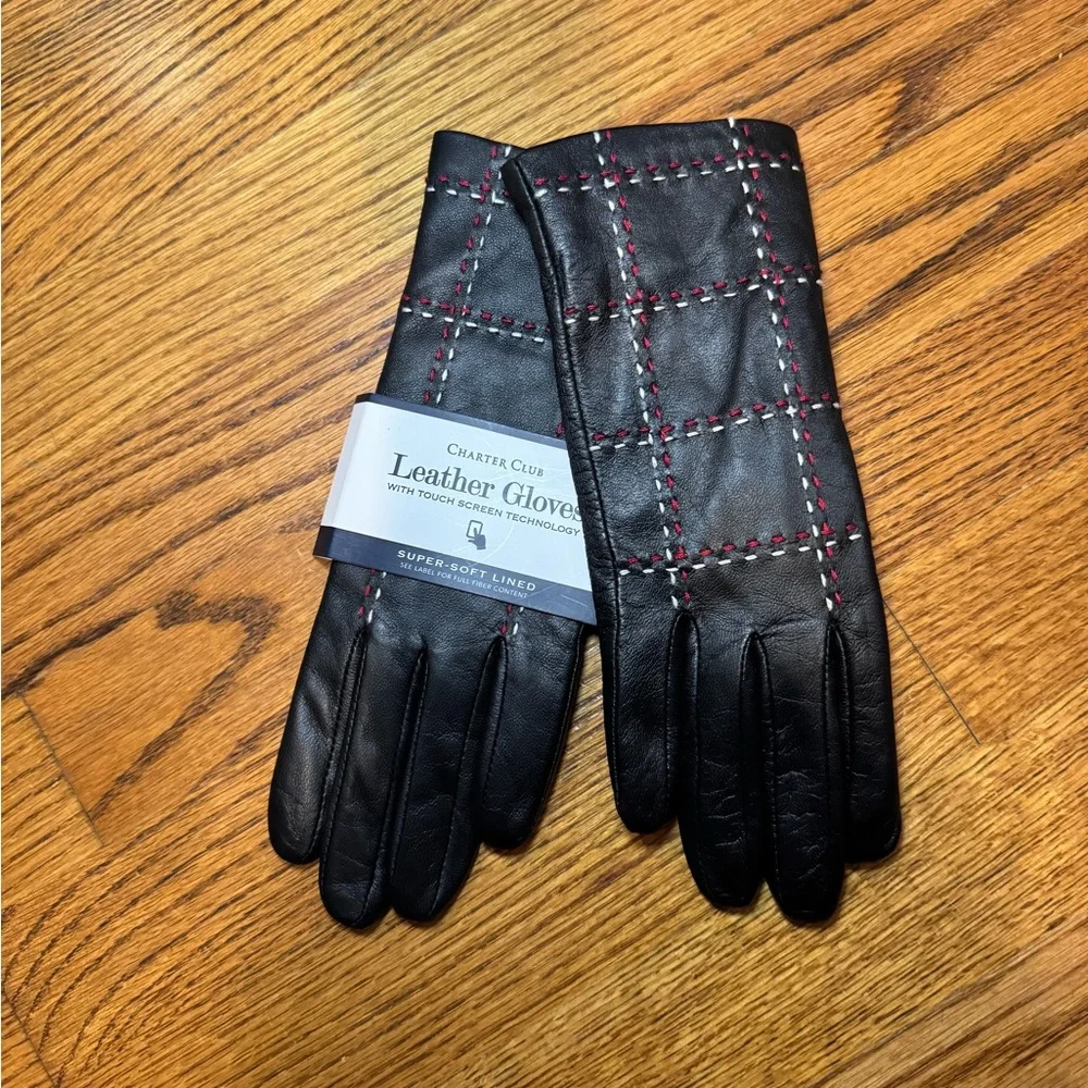 NWT Charter Club Women’s Topstitch Black Leather Gloves Stocking‎ Stuffer Gift